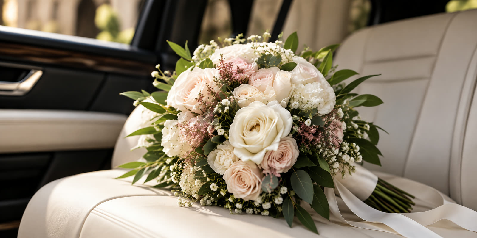 Bridal bouquet on a cream leather seat