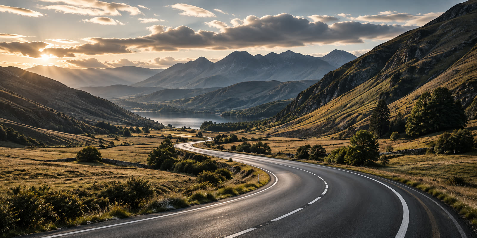 Open road through mountains at sunrise