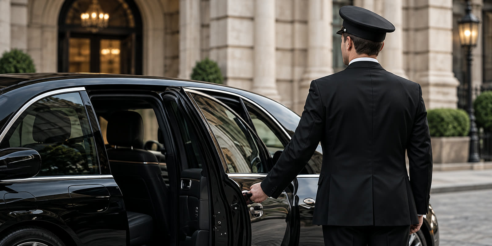 Chauffeur opening the rear door of a luxury car outside a grand building