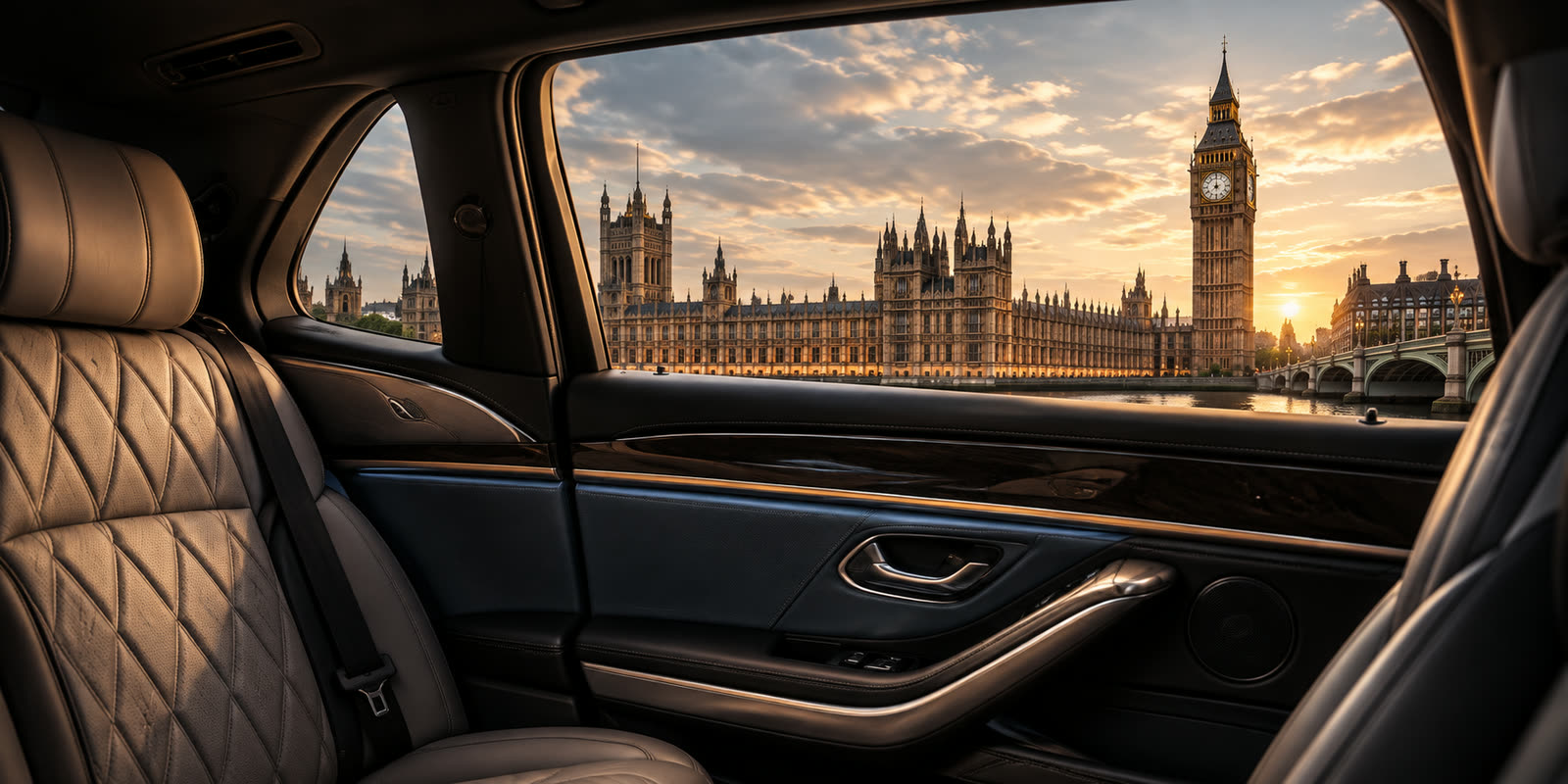 View of Westminster from the rear cabin of a luxury car at sunset