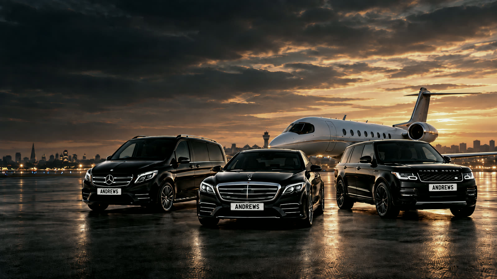 Mercedes V Class, S Class and Range Rover on an airport apron at dusk