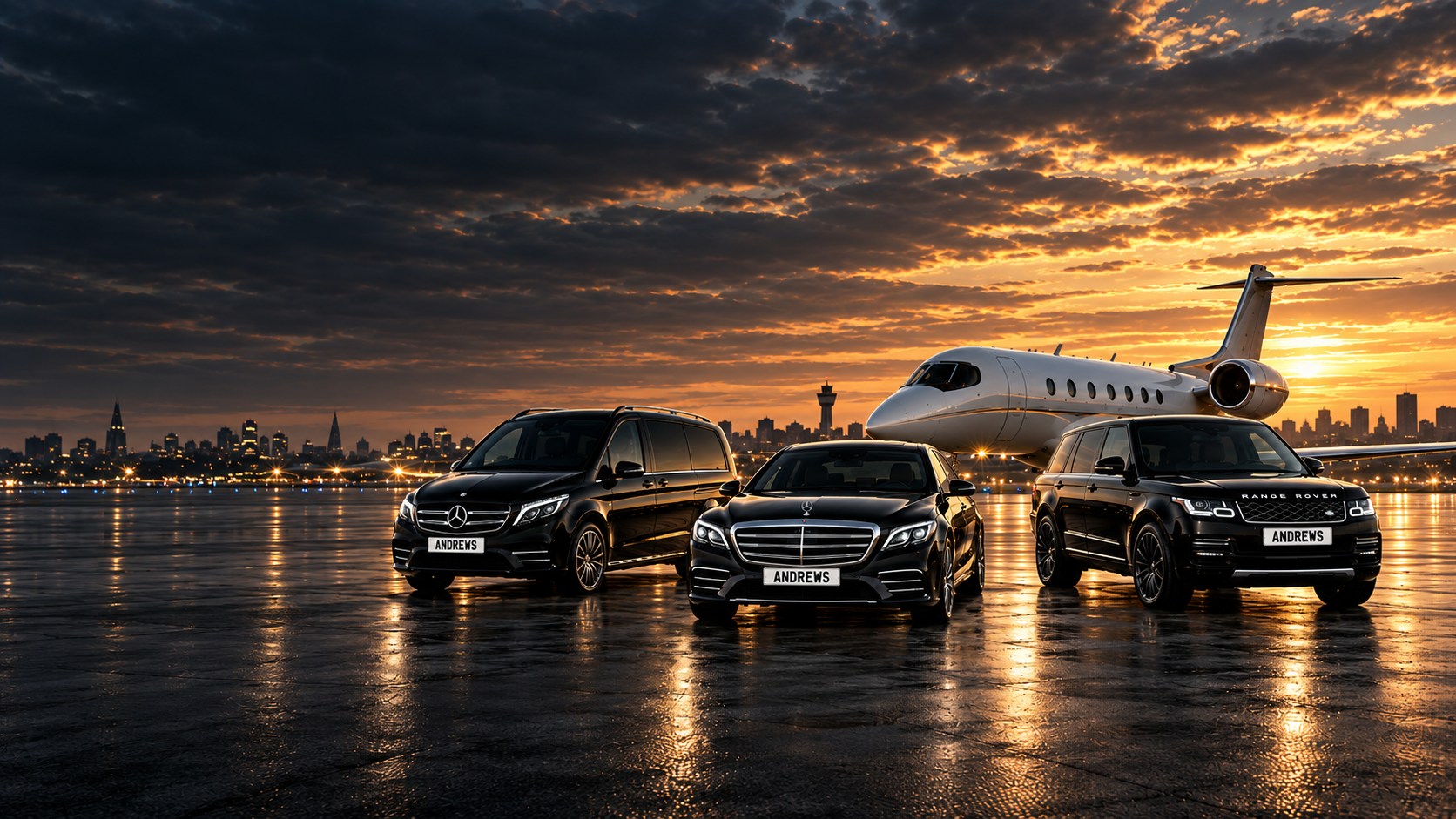 Mercedes V Class, S Class and Range Rover on an airport apron at dusk